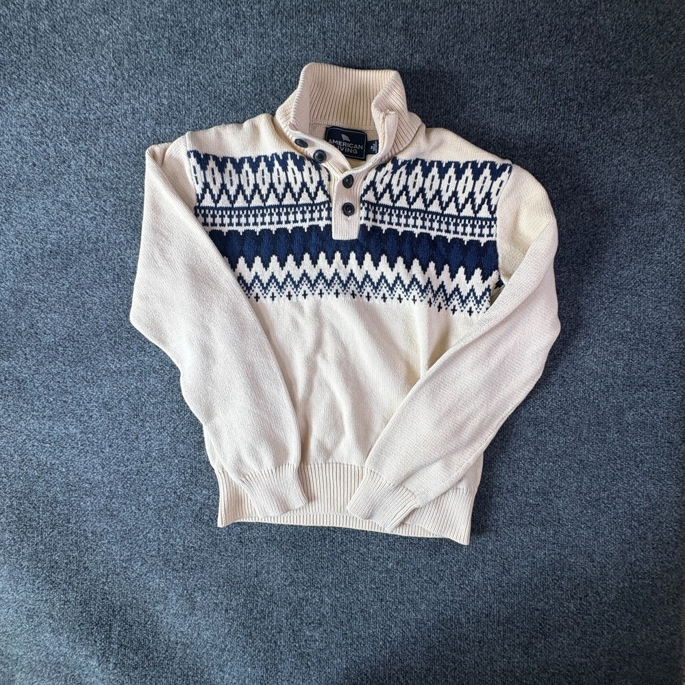 VTG American Living By Ralph Lauren Sweater Mens M Beige Blue Knitted 1/4 Button